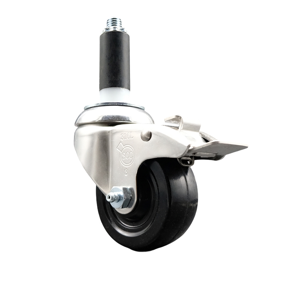 Soft Rubber Swivel Stem Caster with 3 Inch Black Caster Wheel and Total Lock Brake - 1-1/8" Expanding Stem - 316 Stainless Steel Caster - 175 lbs. Capacity Per Caster - Service Caster Brand — photo 1