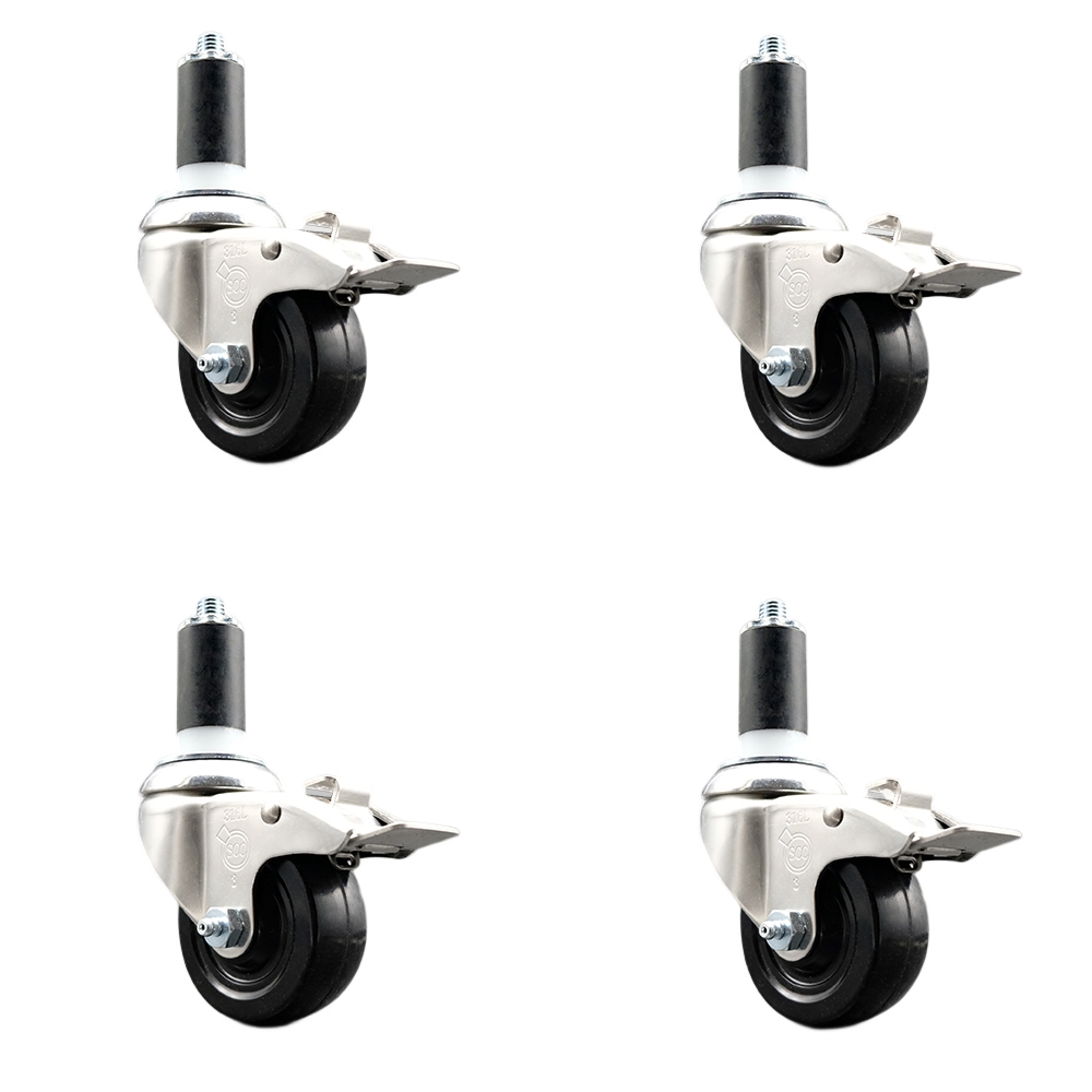 Hard Rubber Swivel Stem Caster Set of 4 with 3.5 Inch Caster Wheels - 1-3/8" Expanding Stems - 316 Stainless Steel Casters - Includes 4 Swivel Casters with Total Lock Brakes - Service Caster Brand — photo 1