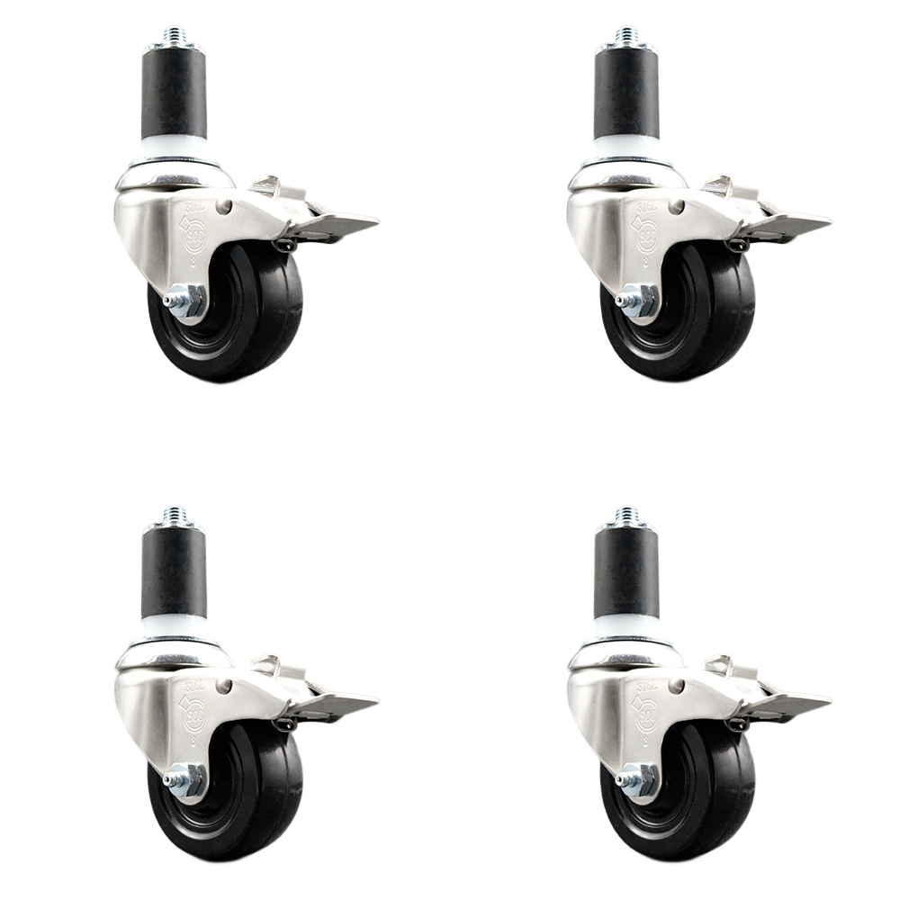 Soft Rubber Swivel Stem Caster Set of 4 with 3 Inch Caster Wheels - 1-5/8" Expanding Stems - 316 Stainless Steel Casters - Includes 4 Swivel Casters with Total Lock Brakes - Service Caster Brand — photo 1