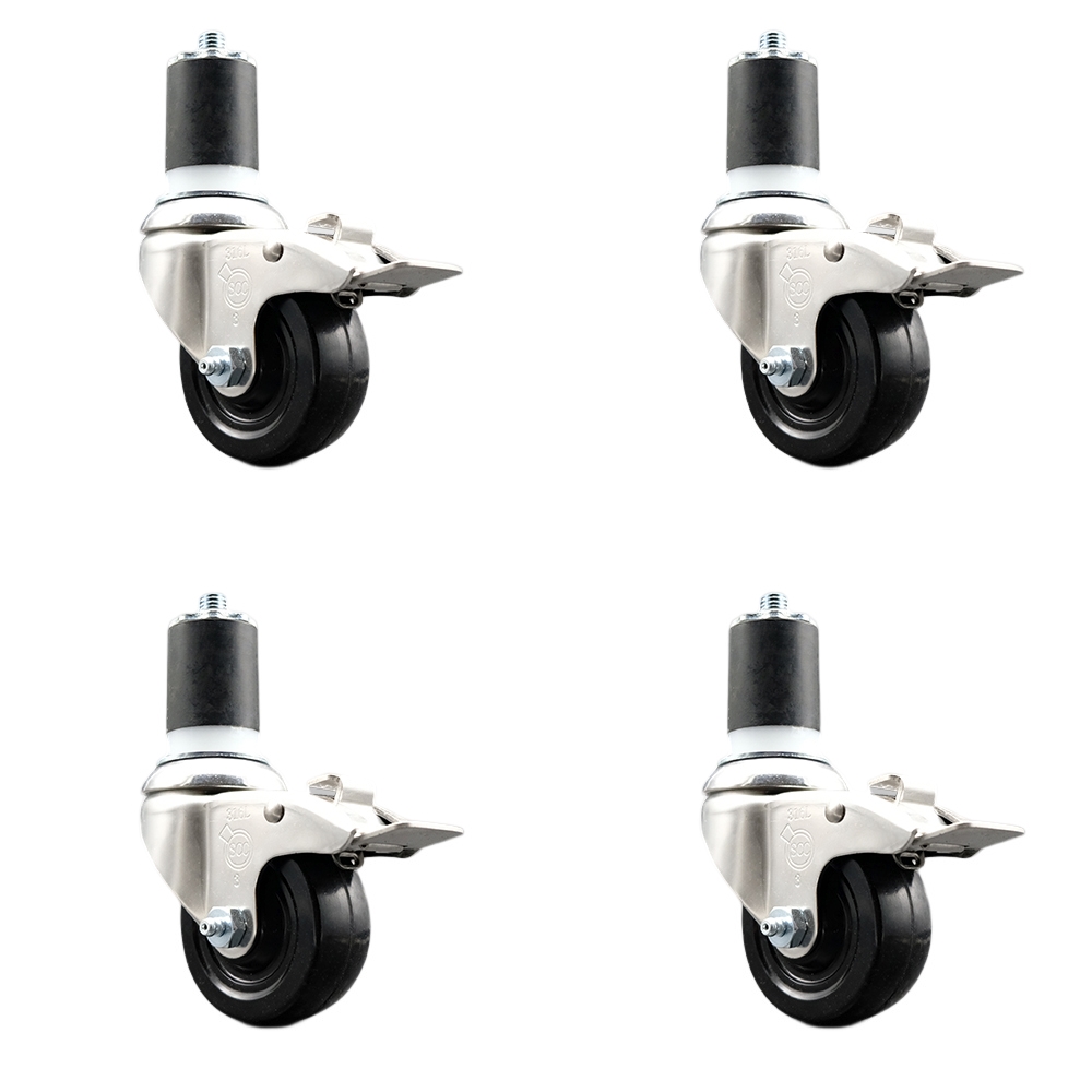 Hard Rubber Swivel Stem Caster Set of 4 with 3.5 Inch Caster Wheels - 1-7/8" Expanding Stems - 316 Stainless Steel Casters - Includes 4 Swivel Casters with Total Lock Brakes - Service Caster Brand — photo 1