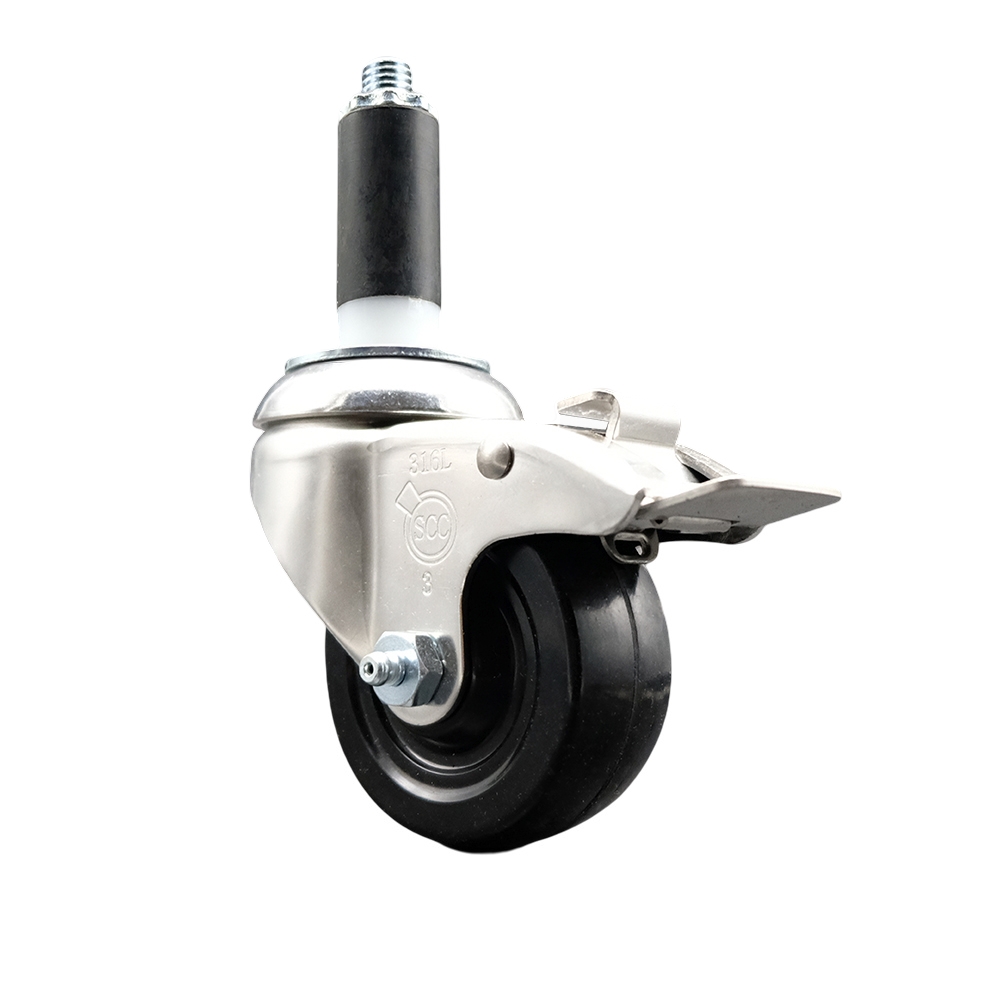 Soft Rubber Swivel Stem Caster with 3 Inch Black Caster Wheel and Total Lock Brake - 1" Expanding Stem - 316 Stainless Steel Caster - 175 lbs. Capacity Per Caster - Service Caster Brand — photo 1