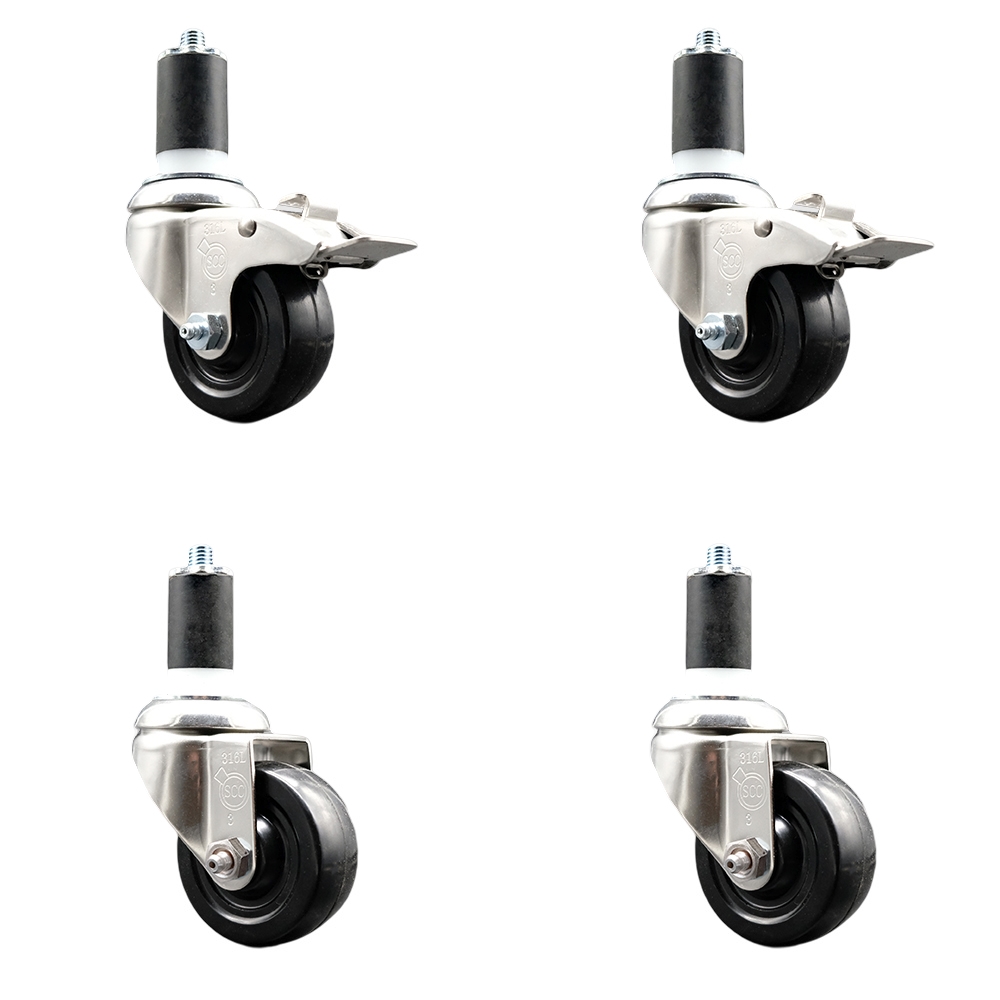 Soft Rubber Swivel Stem Caster Set of 4 with 3 Inch Caster Wheels - 1-1/2" Expanding Stem - 316 Stainless Steel Casters - Includes 2 Swivel with Total Lock Brakes and 2 Swivel - Service Caster Brand — photo 1