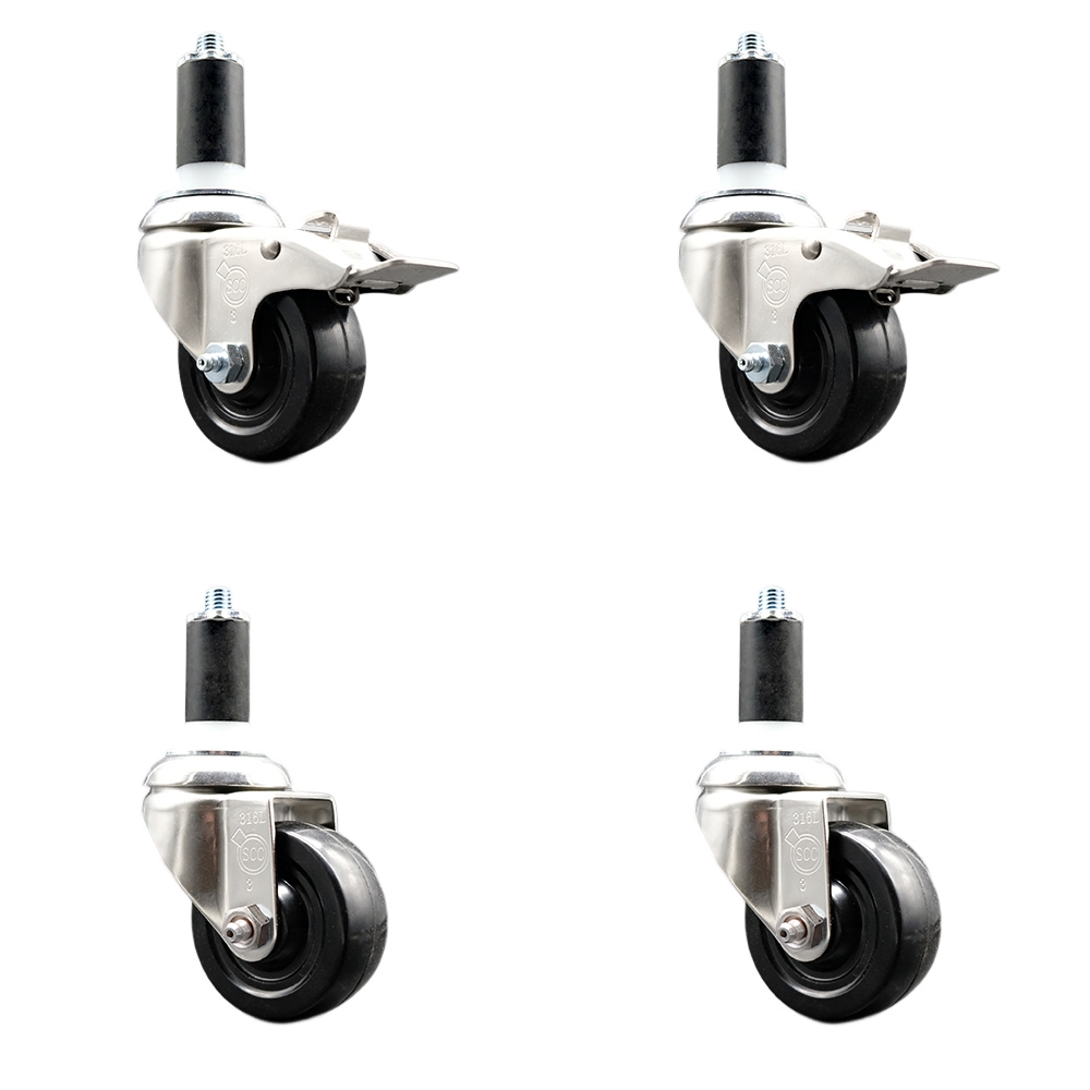 Soft Rubber Swivel Stem Caster Set of 4 with 3.5 Inch Caster Wheels - 1-1/4" Expanding Stem - 316 Stainless Steel Casters - Includes 2 Swivel with Total Lock Brakes and 2 Swivel - Service Caster Brand — photo 1