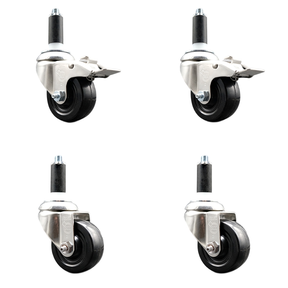 Soft Rubber Swivel Stem Caster Set of 4 with 3 Inch Caster Wheels - 1-1/8" Expanding Stem - 316 Stainless Steel Casters - Includes 2 Swivel with Total Lock Brakes and 2 Swivel - Service Caster Brand — photo 1