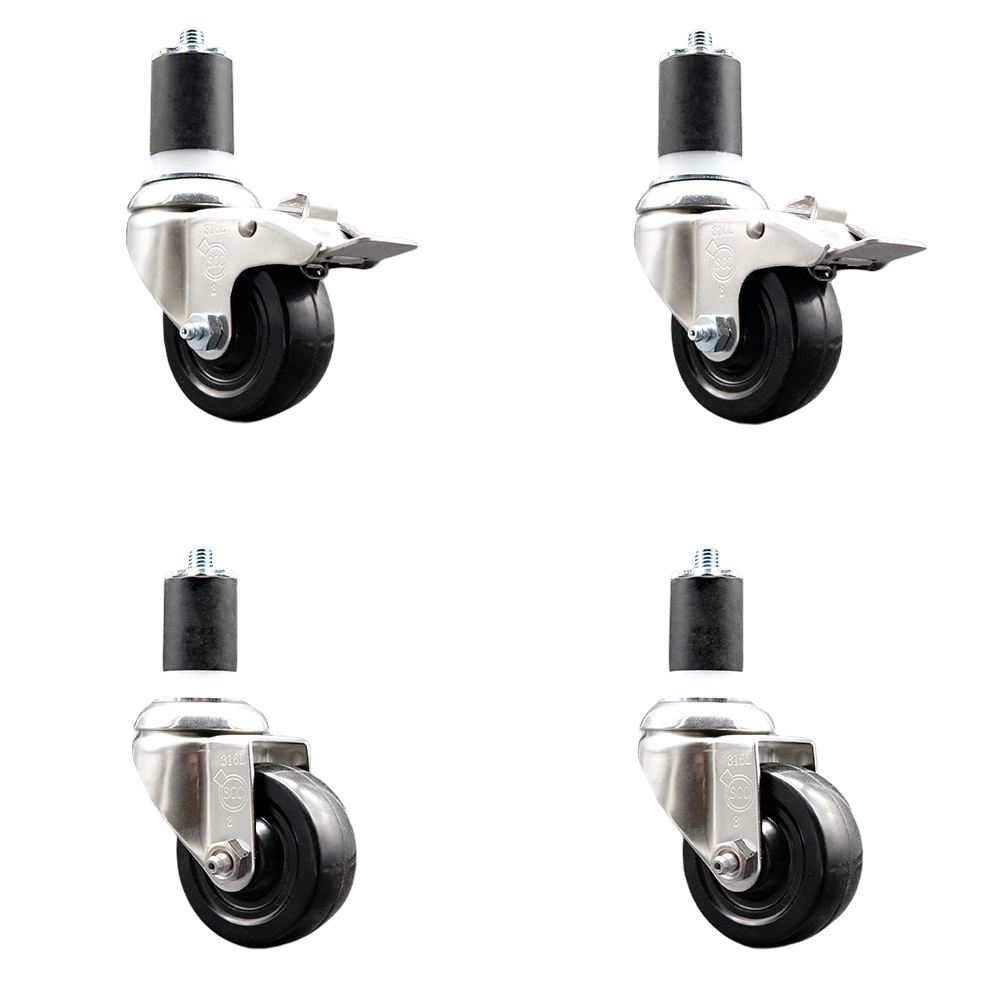 Soft Rubber Swivel Stem Caster Set of 4 with 3 Inch Caster Wheels - 1-3/4" Expanding Stem - 316 Stainless Steel Casters - Includes 2 Swivel with Total Lock Brakes and 2 Swivel - Service Caster Brand — photo 1