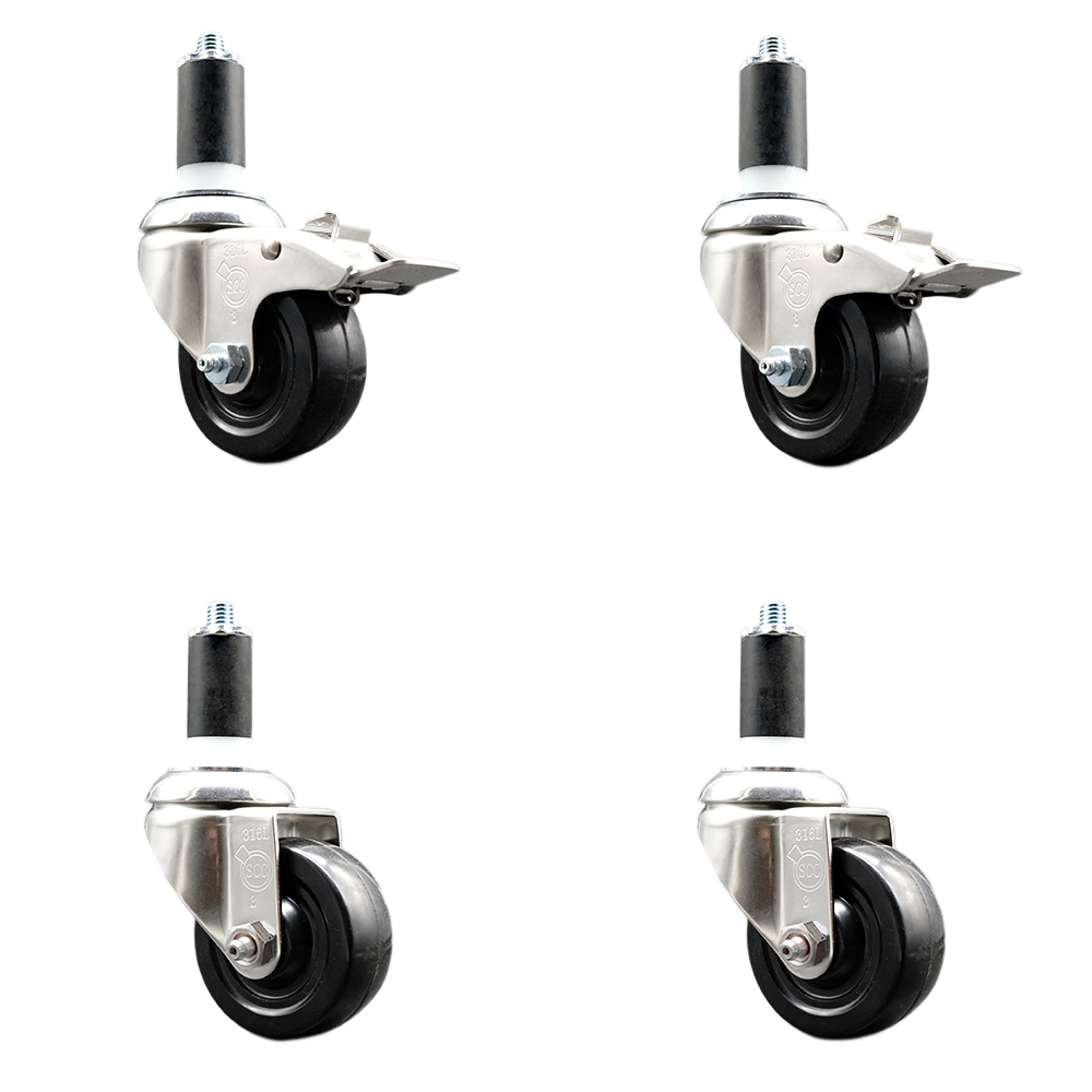 Hard Rubber Swivel Stem Caster Set of 4 with 3.5 Inch Caster Wheels - 1-3/8" Expanding Stem - 316 Stainless Steel Casters - Includes 2 Swivel with Total Lock Brakes and 2 Swivel - Service Caster Brand — photo 1
