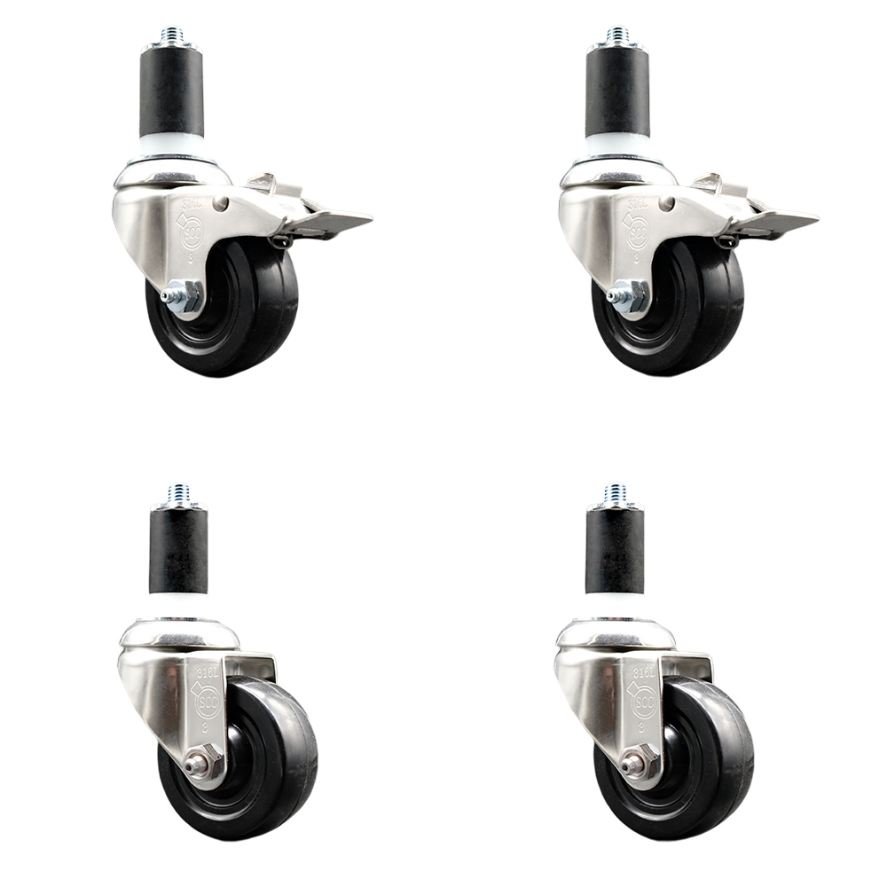Soft Rubber Swivel Stem Caster Set of 4 with 3 Inch Caster Wheels - 1-5/8" Expanding Stem - 316 Stainless Steel Casters - Includes 2 Swivel with Total Lock Brakes and 2 Swivel - Service Caster Brand — photo 1
