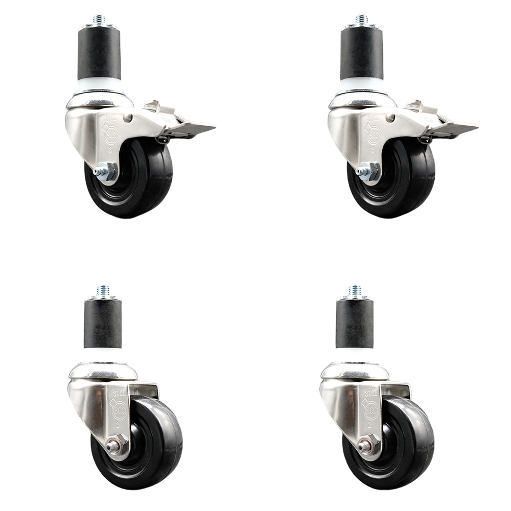 Soft Rubber Swivel Stem Caster Set of 4 with 3.5 Inch Caster Wheels - 1-7/8" Expanding Stem - 316 Stainless Steel Casters - Includes 2 Swivel with Total Lock Brakes and 2 Swivel - Service Caster Brand — photo 1