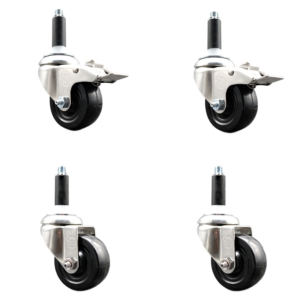 Soft Rubber Swivel Stem Caster Set of 4 with 3.5 Inch Caster Wheels - 3/4" Expanding Stem - 316 Stainless Steel Casters - Includes 2 Swivel with Total Lock Brakes and 2 Swivel - Service Caster Brand — photo 1