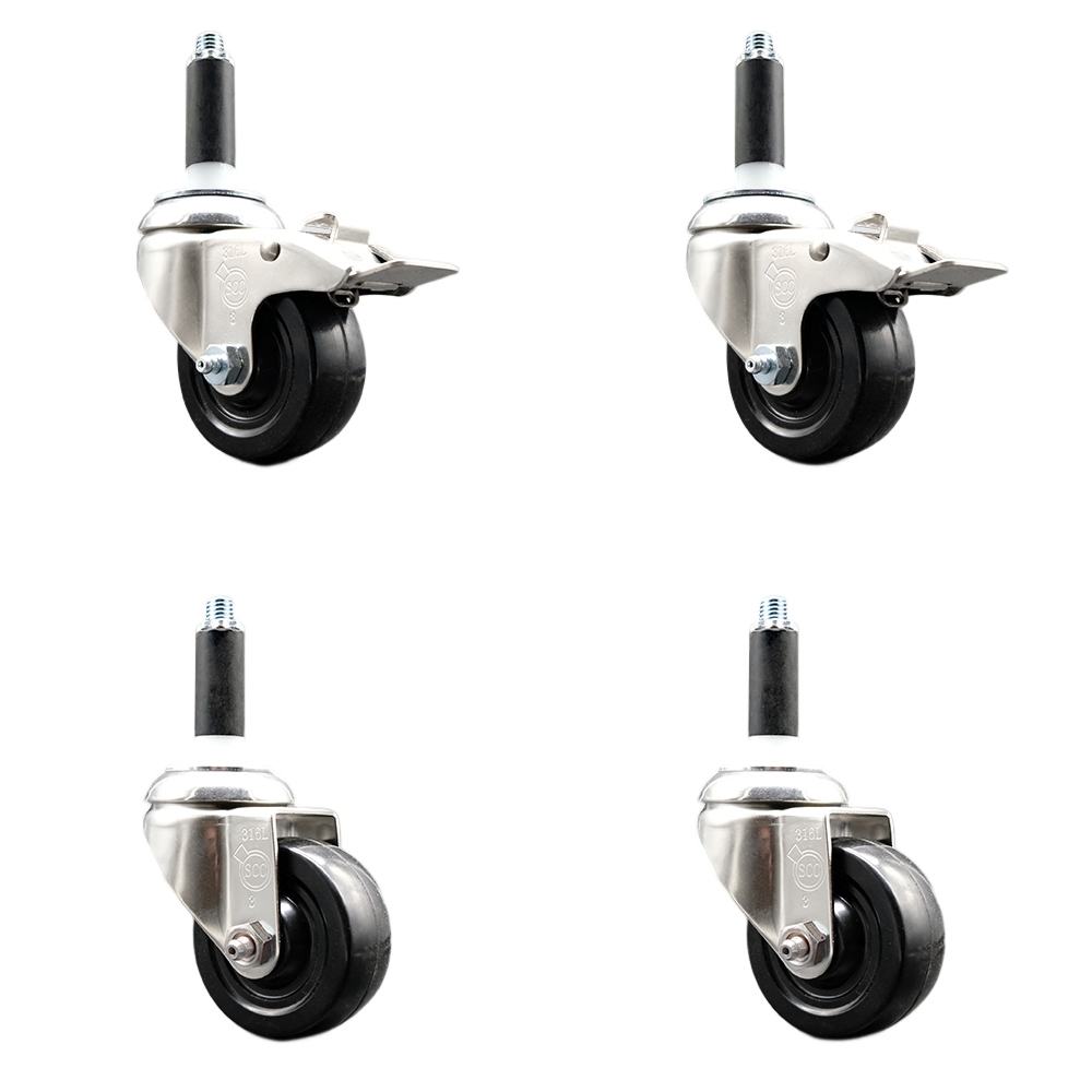Hard Rubber Swivel Stem Caster Set of 4 with 3 Inch Caster Wheels - 7/8" Expanding Stem - 316 Stainless Steel Casters - Includes 2 Swivel with Total Lock Brakes and 2 Swivel - Service Caster Brand — photo 1