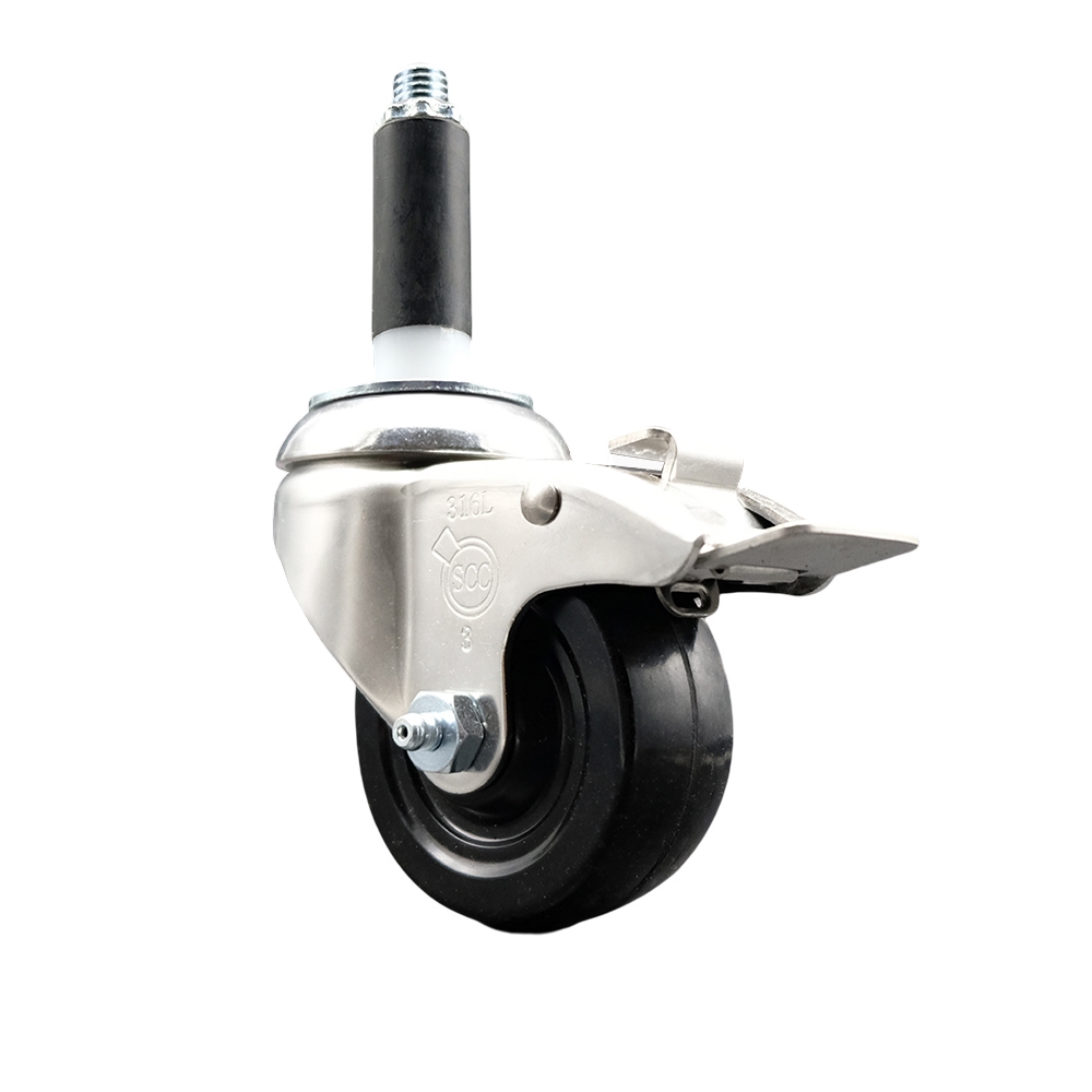 Soft Rubber Swivel Stem Caster with 3 Inch Black Caster Wheel and Total Lock Brake - 3/4" Expanding Stem - 316 Stainless Steel Caster - 175 lbs. Capacity Per Caster - Service Caster Brand — photo 1