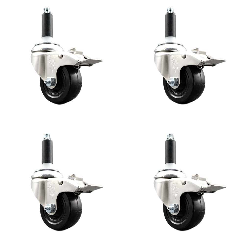Hard Rubber Swivel Stem Caster Set of 4 with 3 Inch Caster Wheels - 7/8" Expanding Stems - 316 Stainless Steel Casters - Includes 4 Swivel Casters with Total Lock Brakes - Service Caster Brand — photo 1