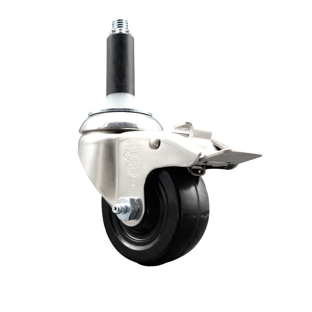Hard Rubber Swivel Stem Caster with 3 Inch Black Caster Wheel and Total Lock Brake - 7/8" Expanding Stem - 316 Stainless Steel Caster - 275 lbs. Capacity Per Caster - Service Caster Brand — photo 1