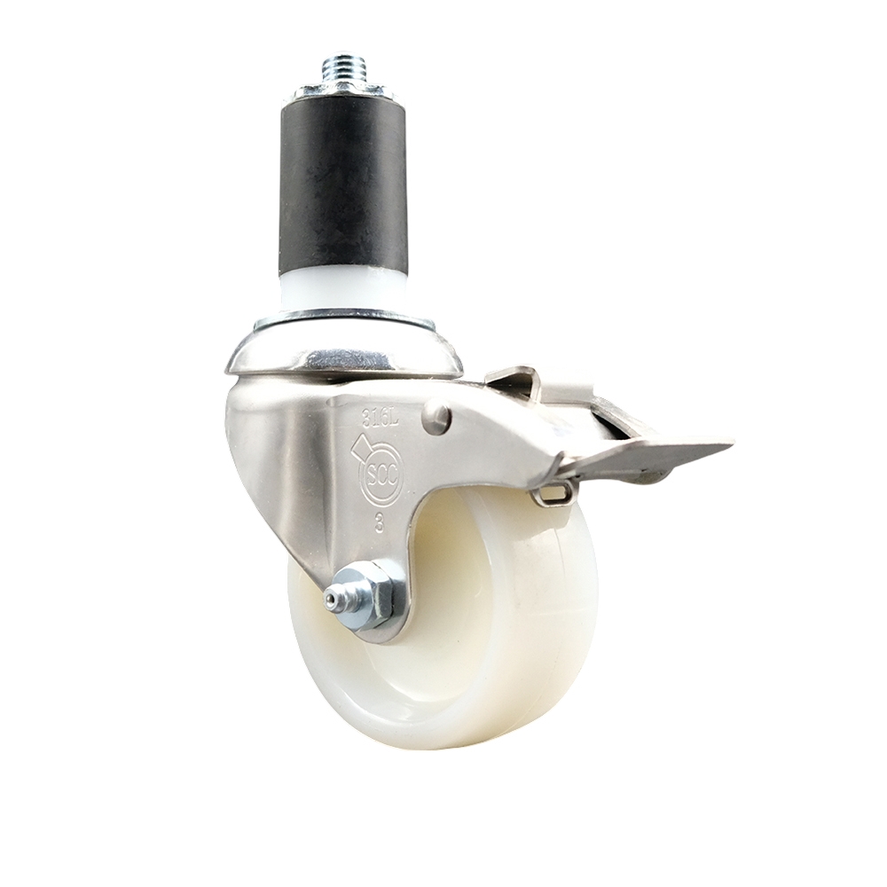 Nylon Swivel Stem Caster with 3 Inch White Caster Wheel and Total Lock Brake - 1-1/2" Expanding Stem - 316 Stainless Steel Caster - 300 lbs. Capacity Per Caster - Service Caster Brand — photo 1