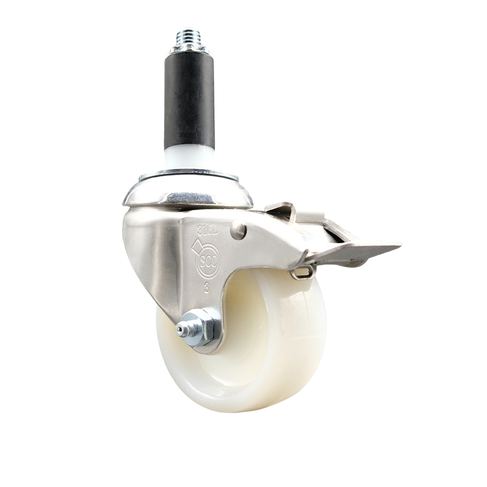 Nylon Swivel Stem Caster with 3 Inch White Caster Wheel and Total Lock Brake - 1-1/8" Expanding Stem - 316 Stainless Steel Caster - 300 lbs. Capacity Per Caster - Service Caster Brand — photo 1