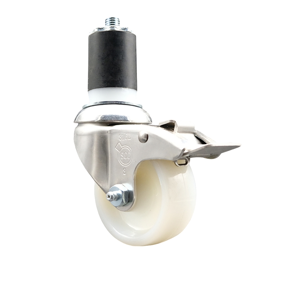 Nylon Swivel Stem Caster with 3 Inch White Caster Wheel and Total Lock Brake - 1-3/4" Expanding Stem - 316 Stainless Steel Caster - 300 lbs. Capacity Per Caster - Service Caster Brand — photo 1
