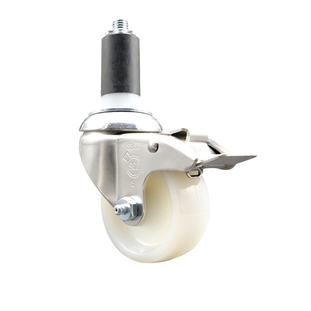 Nylon Swivel Stem Caster with 3 Inch White Caster Wheel and Total Lock Brake - 1-3/8" Expanding Stem - 316 Stainless Steel Caster - 300 lbs. Capacity Per Caster - Service Caster Brand — photo 1
