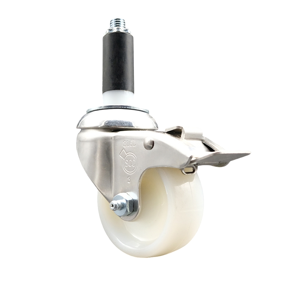 Nylon Swivel Stem Caster with 3 Inch White Caster Wheel and Total Lock Brake - 1" Expanding Stem - 316 Stainless Steel Caster - 300 lbs. Capacity Per Caster - Service Caster Brand — photo 1