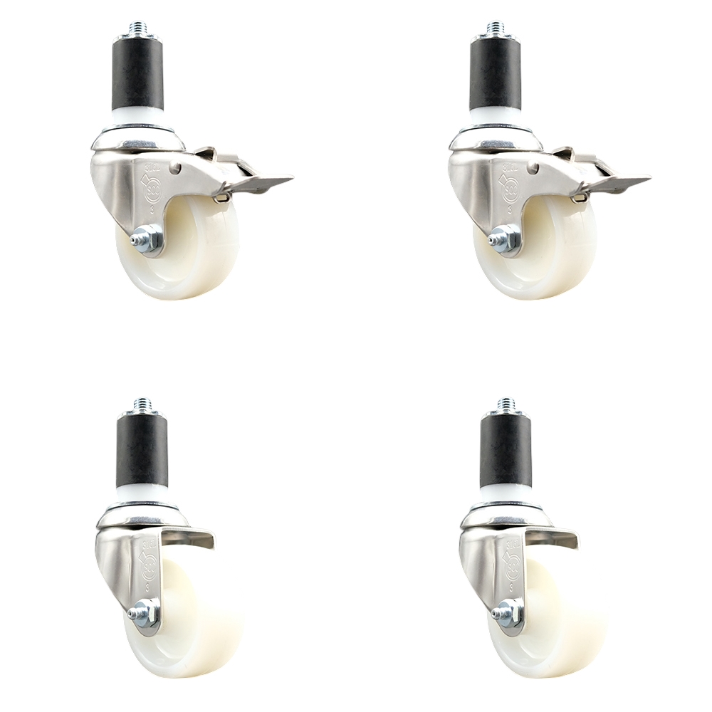 Nylon Swivel Stem Caster Set of 4 with 3 Inch Caster Wheels - 1-1/2" Expanding Stem - 316 Stainless Steel Casters - Includes 2 Swivel with Total Lock Brakes and 2 Swivel - Service Caster Brand — photo 1