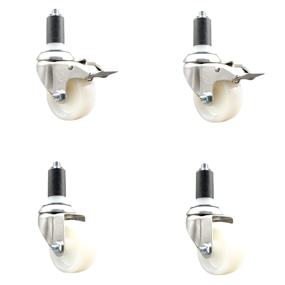 Nylon Swivel Stem Caster Set of 4 with 3 Inch Caster Wheels - 1-1/4" Expanding Stem - 316 Stainless Steel Casters - Includes 2 Swivel with Total Lock Brakes and 2 Swivel - Service Caster Brand — photo 1
