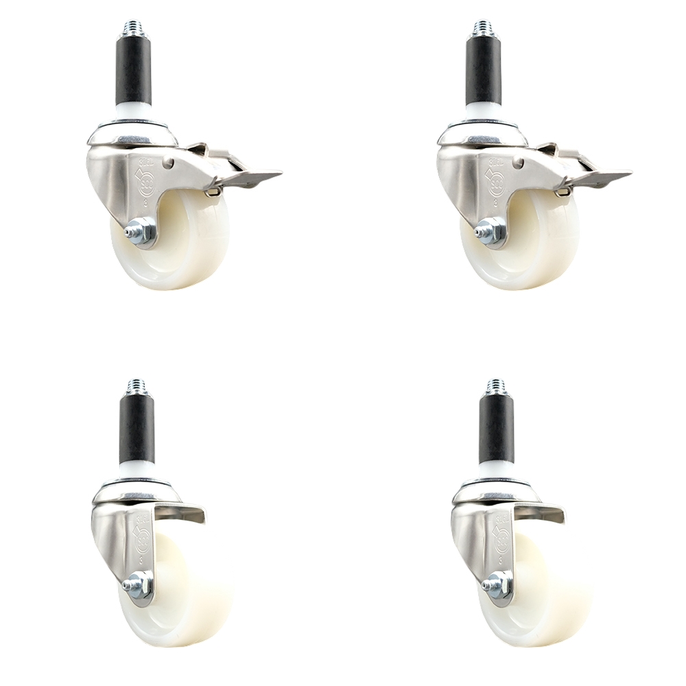 Nylon Swivel Stem Caster Set of 4 with 3 Inch Caster Wheels - 1-1/8" Expanding Stem - 316 Stainless Steel Casters - Includes 2 Swivel with Total Lock Brakes and 2 Swivel - Service Caster Brand — photo 1