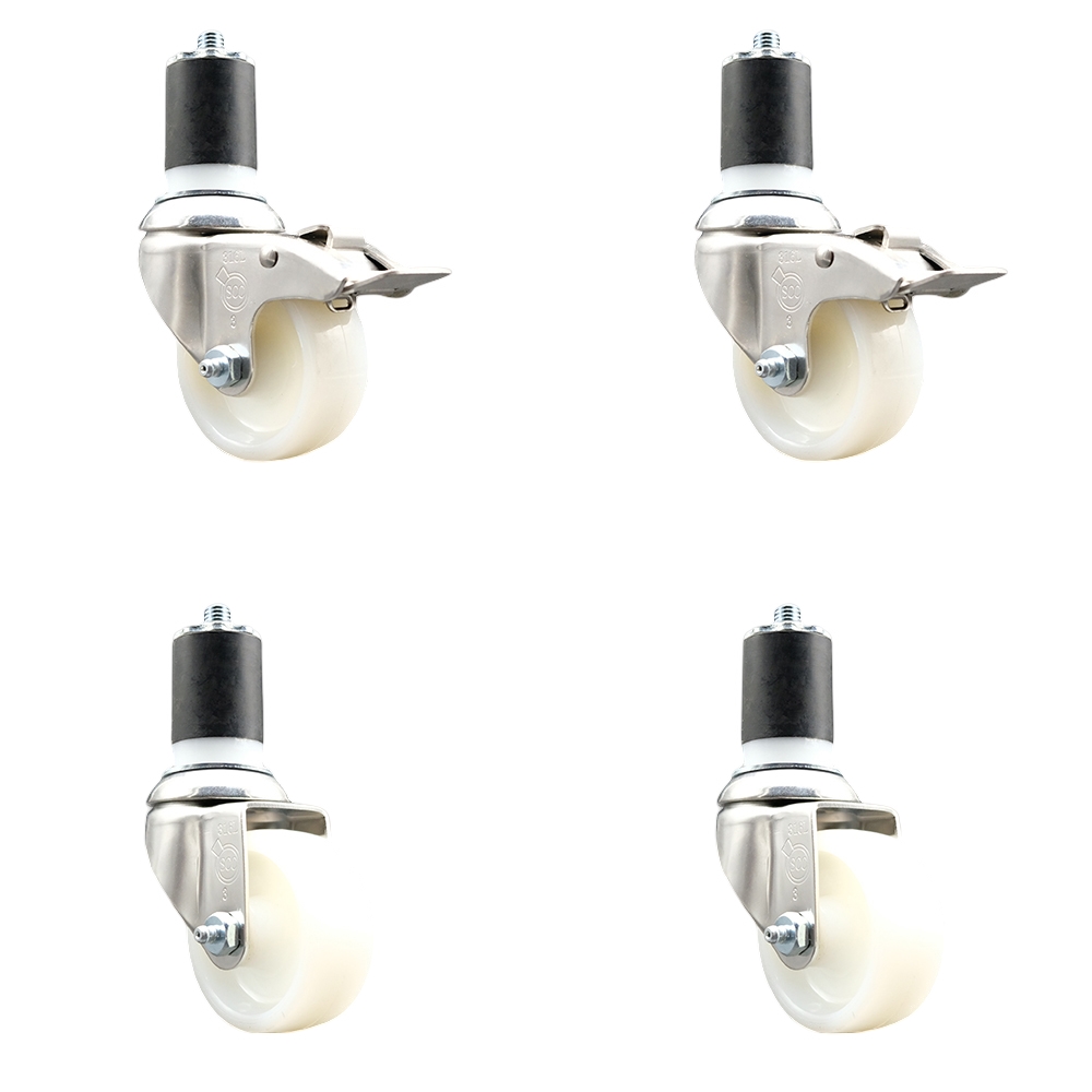 Nylon Swivel Stem Caster Set of 4 with 3 Inch Caster Wheels - 1-3/4" Expanding Stem - 316 Stainless Steel Casters - Includes 2 Swivel with Total Lock Brakes and 2 Swivel - Service Caster Brand — photo 1