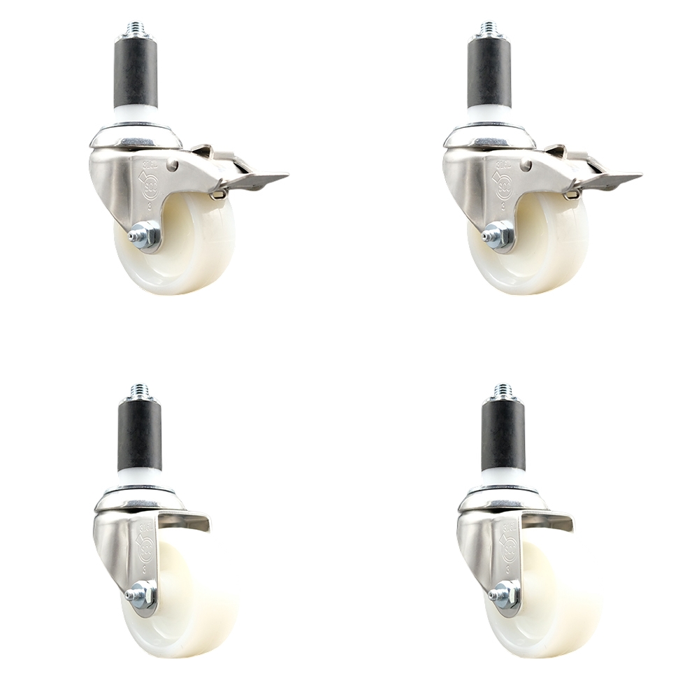 Nylon Swivel Stem Caster Set of 4 with 3 Inch Caster Wheels - 1-3/8" Expanding Stem - 316 Stainless Steel Casters - Includes 2 Swivel with Total Lock Brakes and 2 Swivel - Service Caster Brand — photo 1