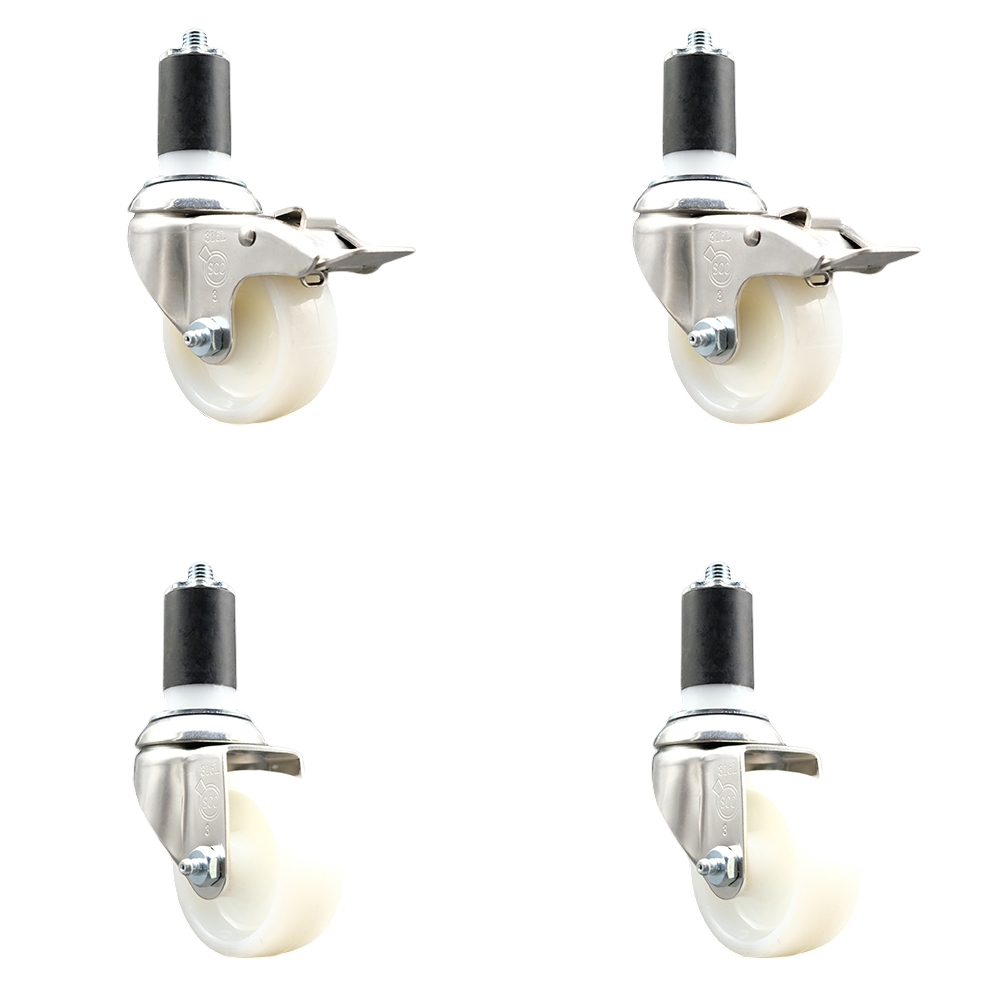 Nylon Swivel Stem Caster Set of 4 with 3 Inch Caster Wheels - 1-5/8" Expanding Stem - 316 Stainless Steel Casters - Includes 2 Swivel with Total Lock Brakes and 2 Swivel - Service Caster Brand — photo 1