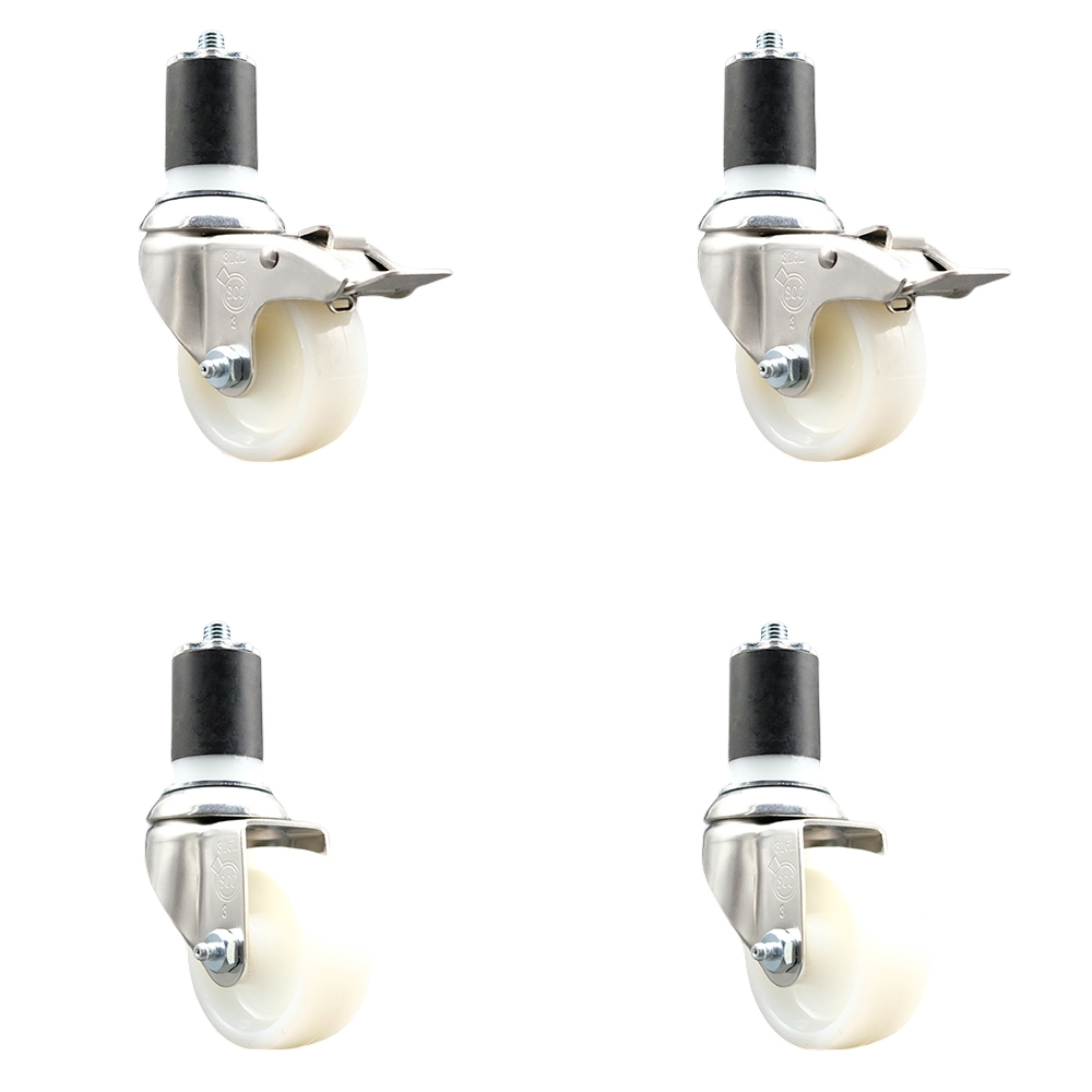 Nylon Swivel Stem Caster Set of 4 with 3 Inch Caster Wheels - 1-7/8" Expanding Stem - 316 Stainless Steel Casters - Includes 2 Swivel with Total Lock Brakes and 2 Swivel - Service Caster Brand — photo 1