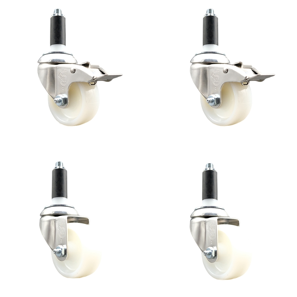 Nylon Swivel Stem Caster Set of 4 with 3 Inch Caster Wheels - 1" Expanding Stem - 316 Stainless Steel Casters - Includes 2 Swivel with Total Lock Brakes and 2 Swivel - Service Caster Brand — photo 1