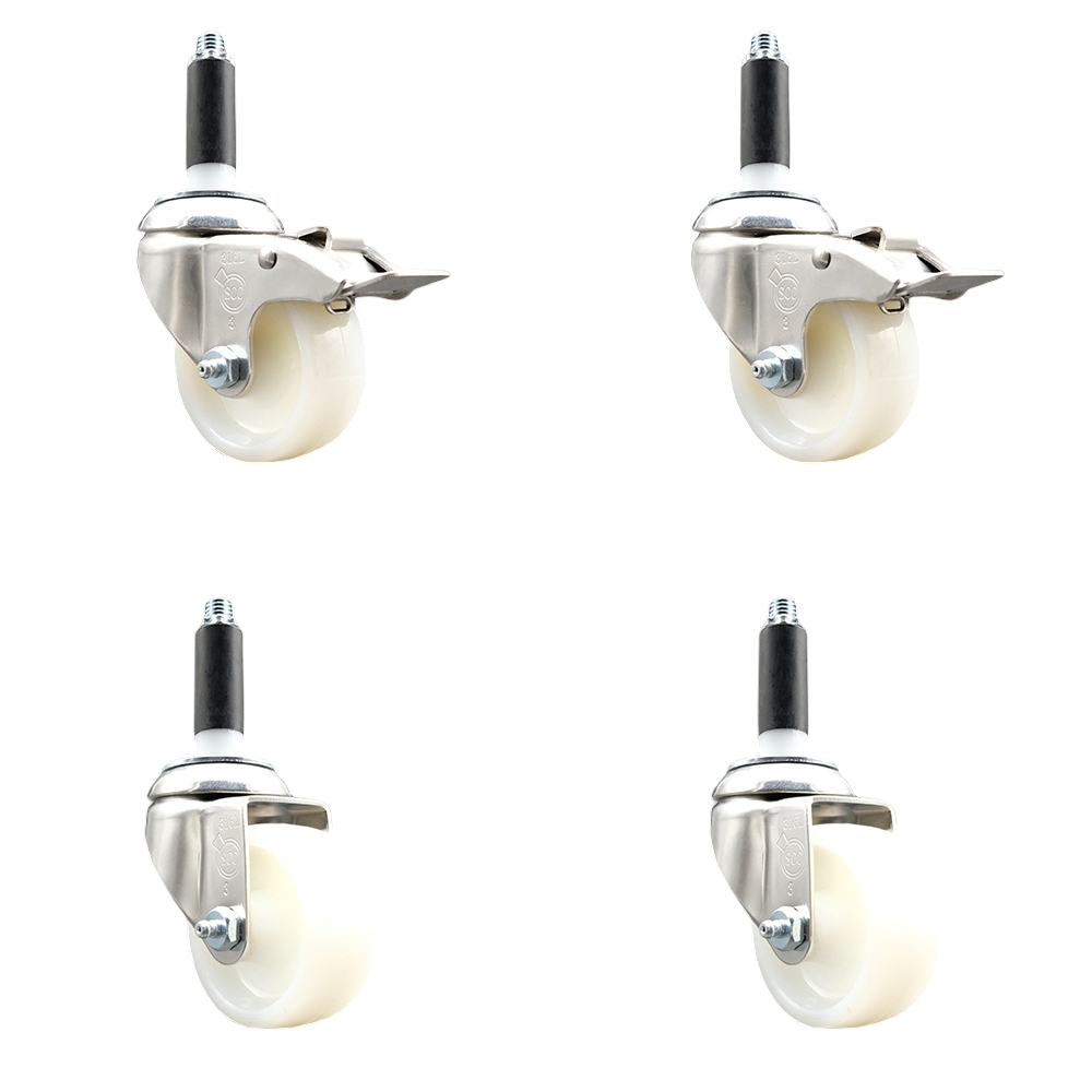 Nylon Swivel Stem Caster Set of 4 with 3 Inch Caster Wheels - 3/4" Expanding Stem - 316 Stainless Steel Casters - Includes 2 Swivel with Total Lock Brakes and 2 Swivel - Service Caster Brand — photo 1