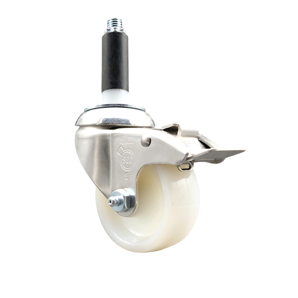 Nylon Swivel Stem Caster with 3 Inch White Caster Wheel and Total Lock Brake - 3/4" Expanding Stem - 316 Stainless Steel Caster - 300 lbs. Capacity Per Caster - Service Caster Brand — photo 1