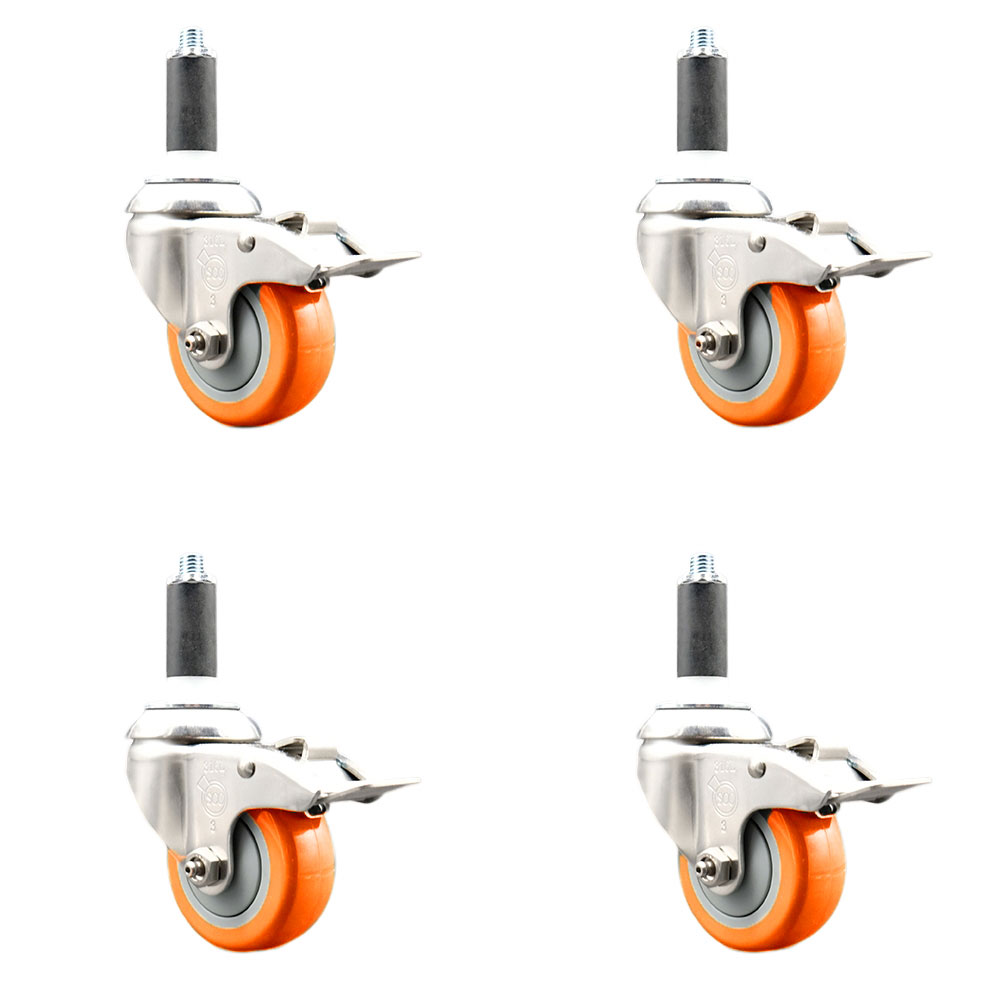 Polyurethane Swivel Stem Caster Set of 4 with 3.5 Inch Orange Caster Wheels - 1" Expanding Stems - 316 Stainless Steel Casters - Includes 4 Swivel Casters with Total Lock Brakes - Service Caster Brand — photo 1