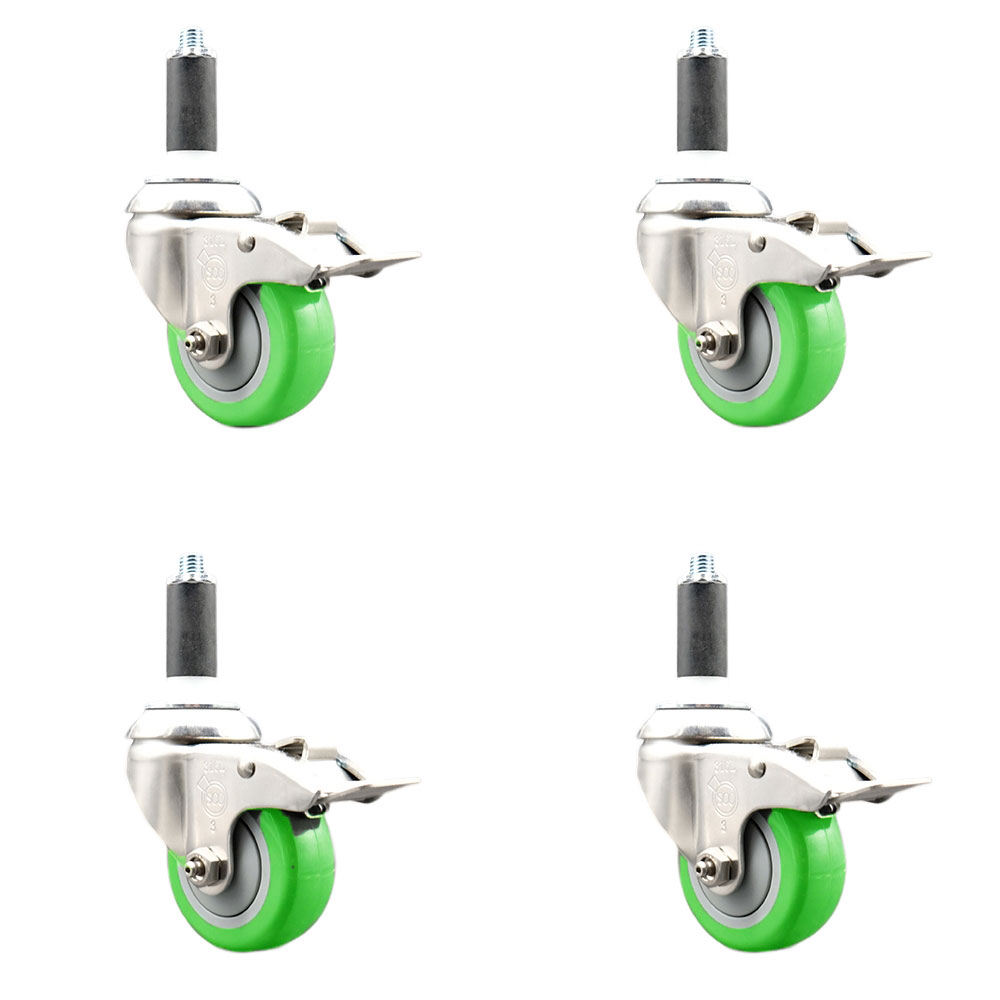 Polyurethane Swivel Stem Caster Set of 4 with 3.5 Inch Green Caster Wheels - 1" Expanding Stems - 316 Stainless Steel Casters - Includes 4 Swivel Casters with Total Lock Brakes - Service Caster Brand — photo 1