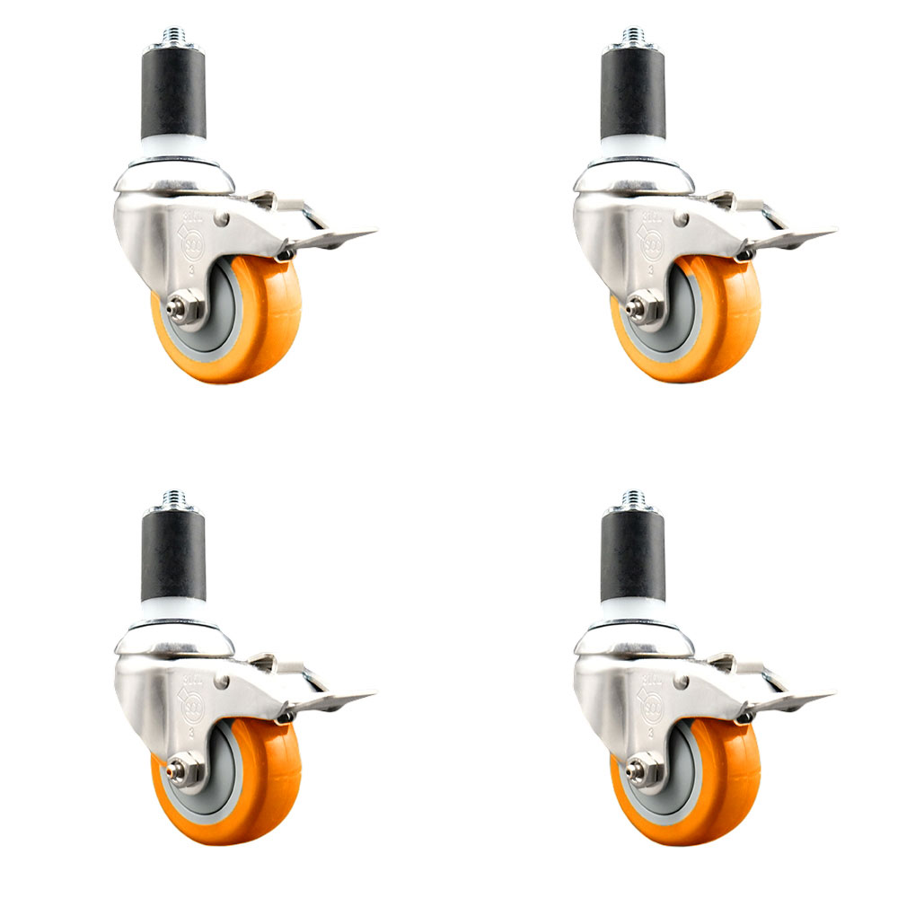 Polyurethane Swivel Stem Caster Set of 4 with 3 Inch Orange Caster Wheels - 1-1/2" Expanding Stems - 316 Stainless Steel Casters - Includes 4 Swivel Casters with Total Lock Brakes-Service Caster Brand — photo 1