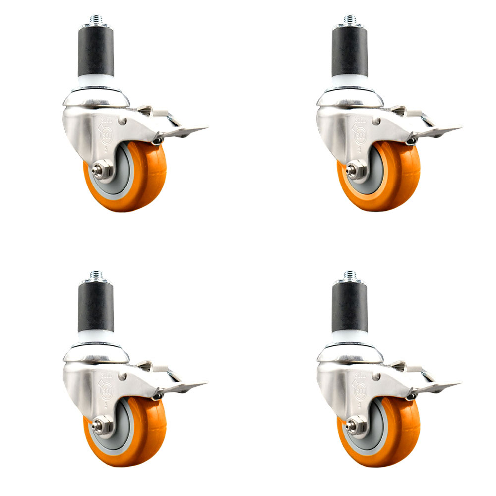 Polyurethane Swivel Stem Caster Set of 4 with 3.5 Inch Orange Caster Wheels - 1-1/2" Expanding Stems - 316 Stainless Steel Casters-Includes 4 Swivel Casters with Total Lock Brakes-Service Caster Brand — photo 1