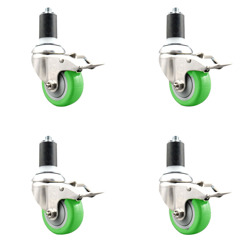 Polyurethane Swivel Stem Caster Set of 4 with 3.5 Inch Green Caster Wheels - 1-1/2" Expanding Stems - 316 Stainless Steel Casters-Includes 4 Swivel Casters with Total Lock Brakes- Service Caster Brand — photo 1