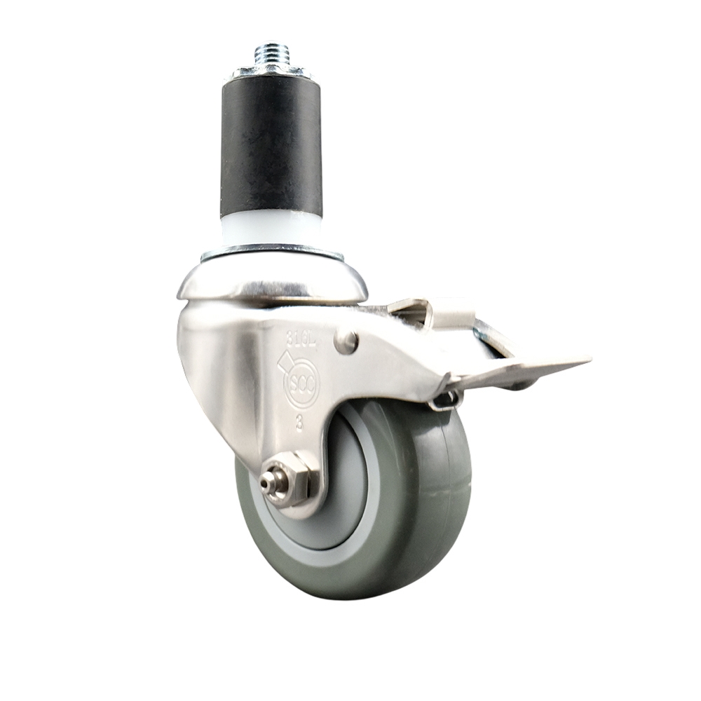 Polyurethane Swivel Stem Caster with 3.5 Inch Gray Caster Wheel and Total Lock Brake - 1-1/2" Expanding Stem - 316 Stainless Steel Caster - 300 lbs. Capacity Per Caster - Service Caster Brand — photo 1