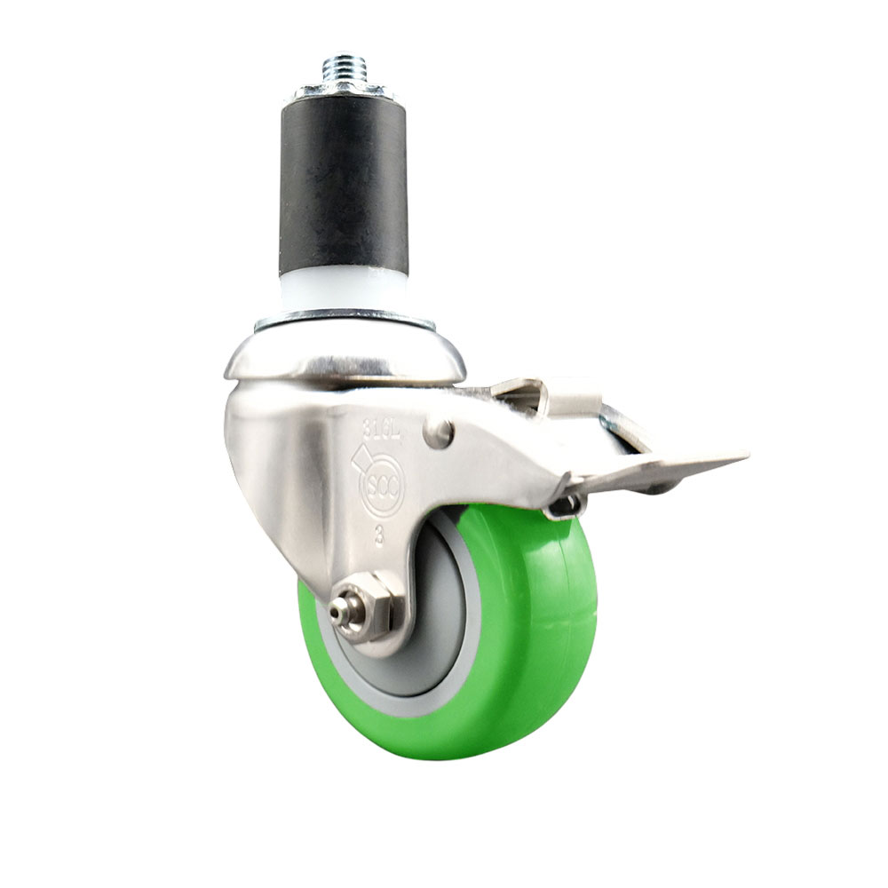 Polyurethane Swivel Stem Caster with 3.5 Inch Green Caster Wheel and Total Lock Brake - 1-1/2" Expanding Stem - 316 Stainless Steel Caster - 300 lbs. Capacity Per Caster - Service Caster Brand — photo 1
