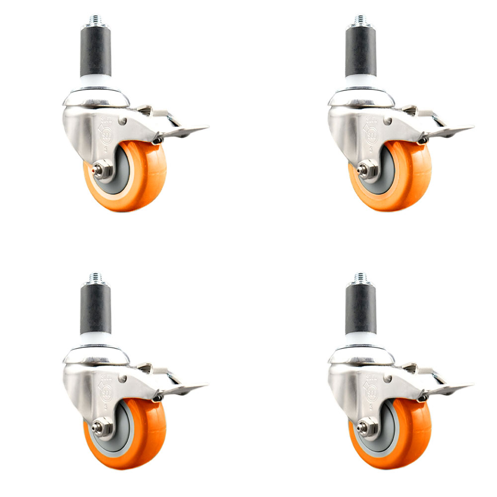 Polyurethane Swivel Stem Caster Set of 4 with 3 Inch Orange Caster Wheels - 1-1/4" Expanding Stems - 316 Stainless Steel Casters - Includes 4 Swivel Casters with Total Lock Brakes-Service Caster Brand — photo 1