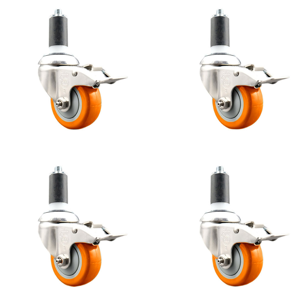 Polyurethane Swivel Stem Caster Set of 4 with 3.5 Inch Orange Caster Wheels - 1-1/4" Expanding Stems - 316 Stainless Steel Casters-Includes 4 Swivel Casters with Total Lock Brakes-Service Caster Brand — photo 1