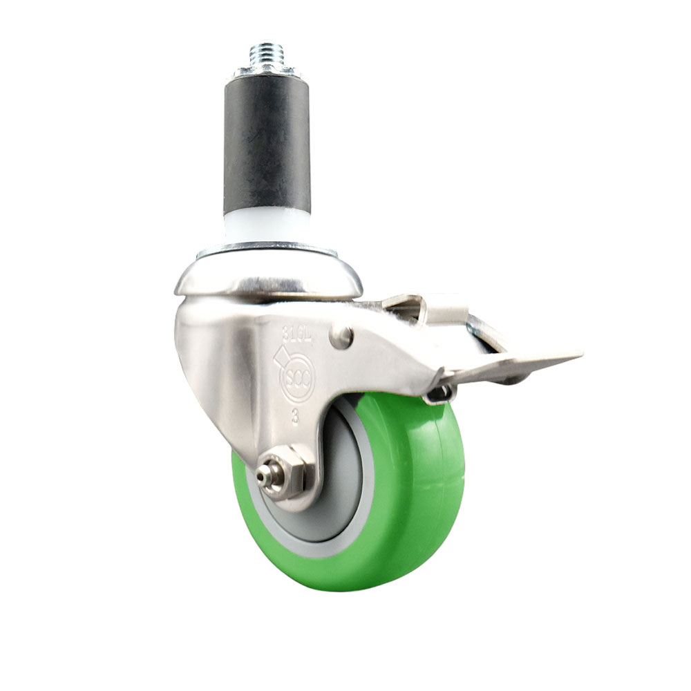 Polyurethane Swivel Stem Caster with 3.5 Inch Green Caster Wheel and Total Lock Brake - 1-1/4" Expanding Stem - 316 Stainless Steel Caster - 300 lbs. Capacity Per Caster - Service Caster Brand — photo 1