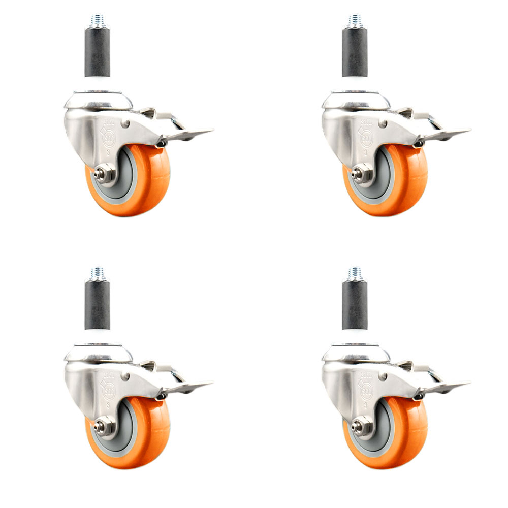 Polyurethane Swivel Stem Caster Set of 4 with 3 Inch Orange Caster Wheels - 1-1/8" Expanding Stems - 316 Stainless Steel Casters - Includes 4 Swivel Casters with Total Lock Brakes-Service Caster Brand — photo 1