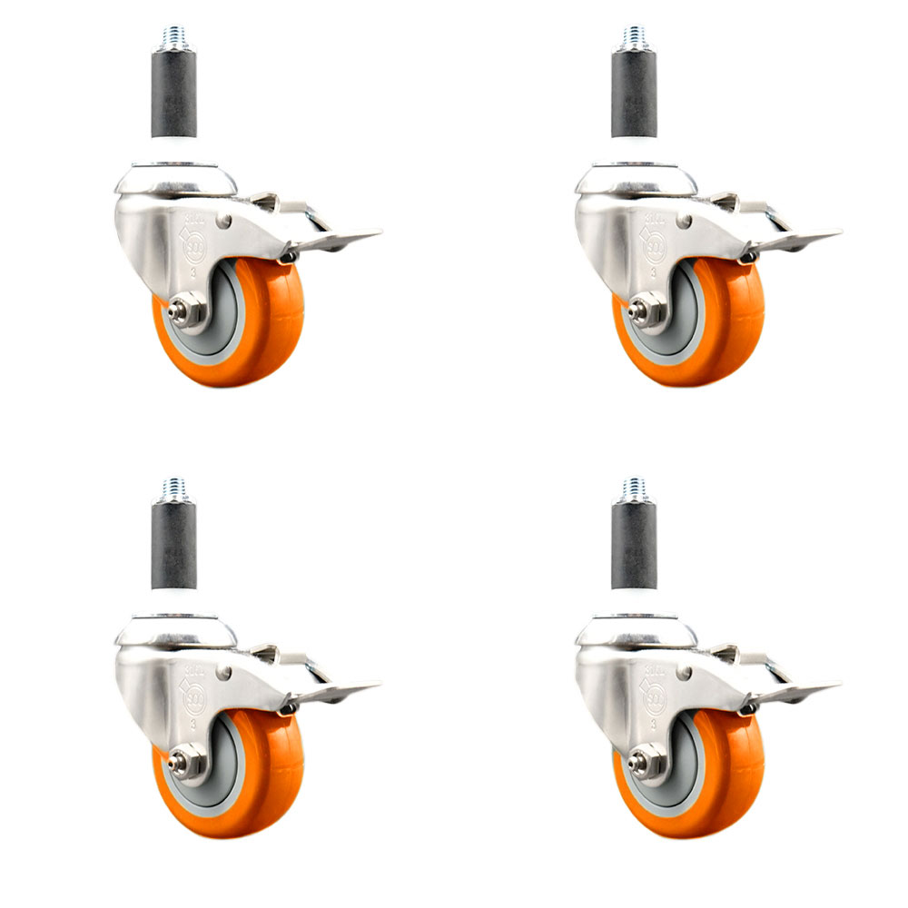 Polyurethane Swivel Stem Caster Set of 4 with 3.5 Inch Orange Caster Wheels - 1-1/8" Expanding Stems - 316 Stainless Steel Casters-Includes 4 Swivel Casters with Total Lock Brakes-Service Caster Brand — photo 1