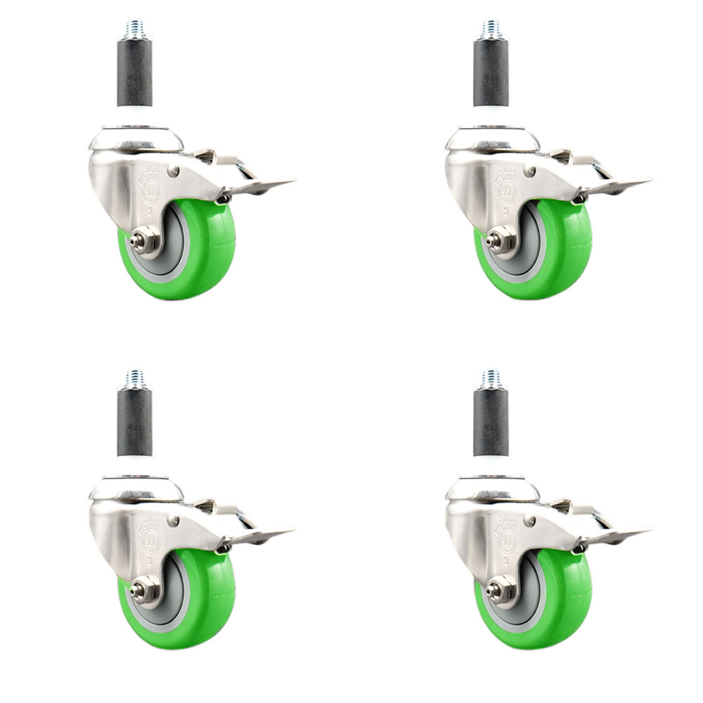 Polyurethane Swivel Stem Caster Set of 4 with 3.5 Inch Green Caster Wheels - 1-1/8" Expanding Stems - 316 Stainless Steel Casters-Includes 4 Swivel Casters with Total Lock Brakes- Service Caster Brand — photo 1