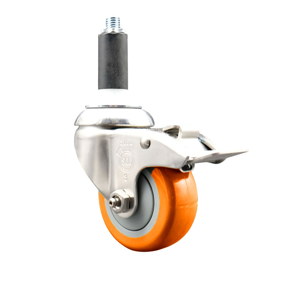 Polyurethane Swivel Stem Caster with 3.5 Inch Orange Caster Wheel and Total Lock Brake - 1-1/8" Expanding Stem - 316 Stainless Steel Caster - 300 lbs. Capacity Per Caster - Service Caster Brand — photo 1