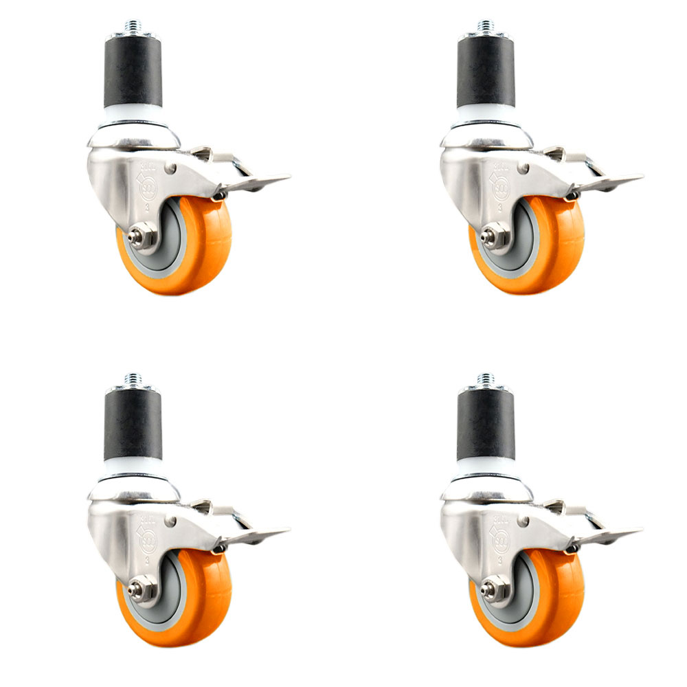 Polyurethane Swivel Stem Caster Set of 4 with 3.5 Inch Orange Caster Wheels - 1-3/4" Expanding Stems - 316 Stainless Steel Casters-Includes 4 Swivel Casters with Total Lock Brakes-Service Caster Brand — photo 1