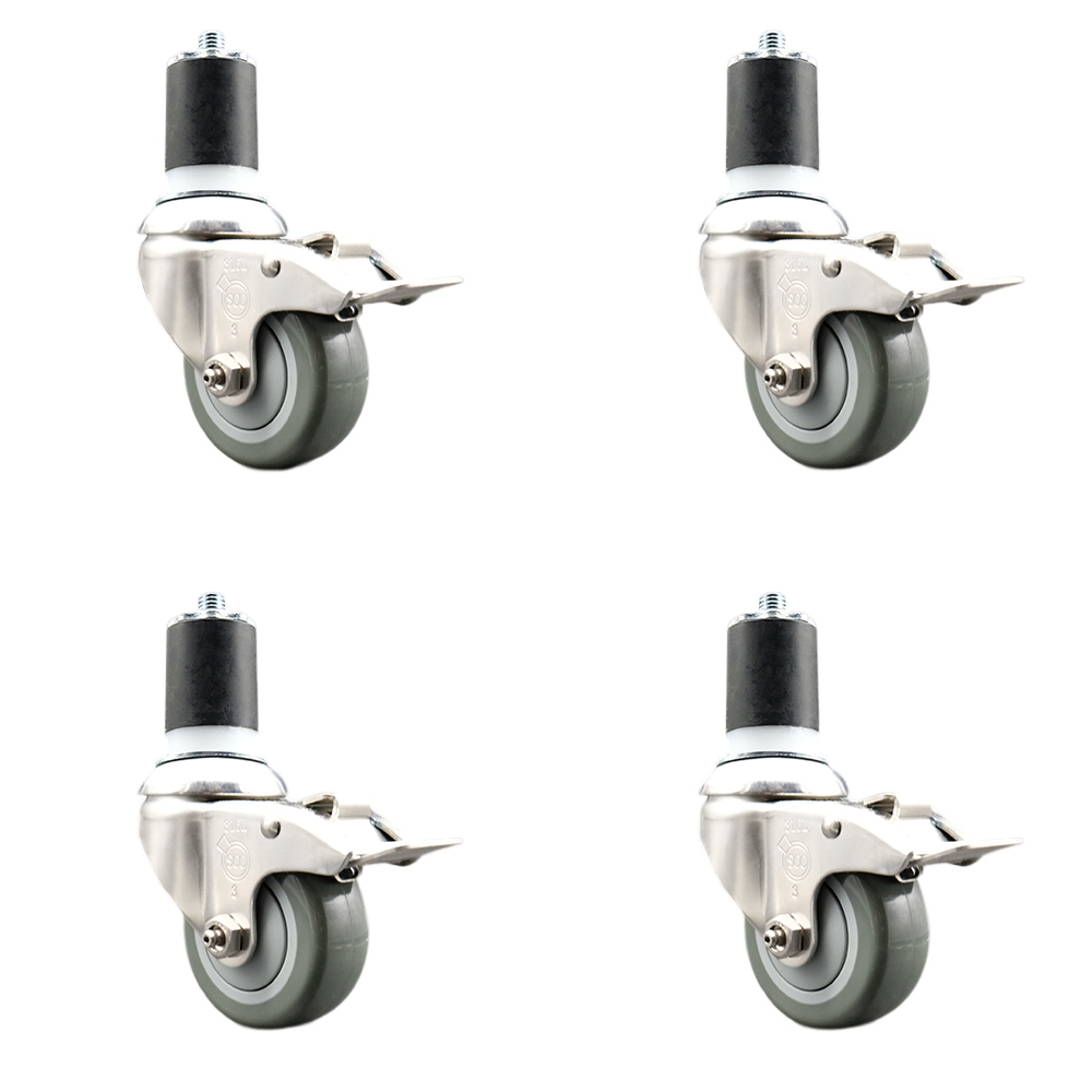 Polyurethane Swivel Stem Caster Set of 4 with 3 Inch Gray Caster Wheels - 1-3/4" Expanding Stems - 316 Stainless Steel Casters - Includes 4 Swivel Casters with Total Lock Brakes- Service Caster Brand — photo 1