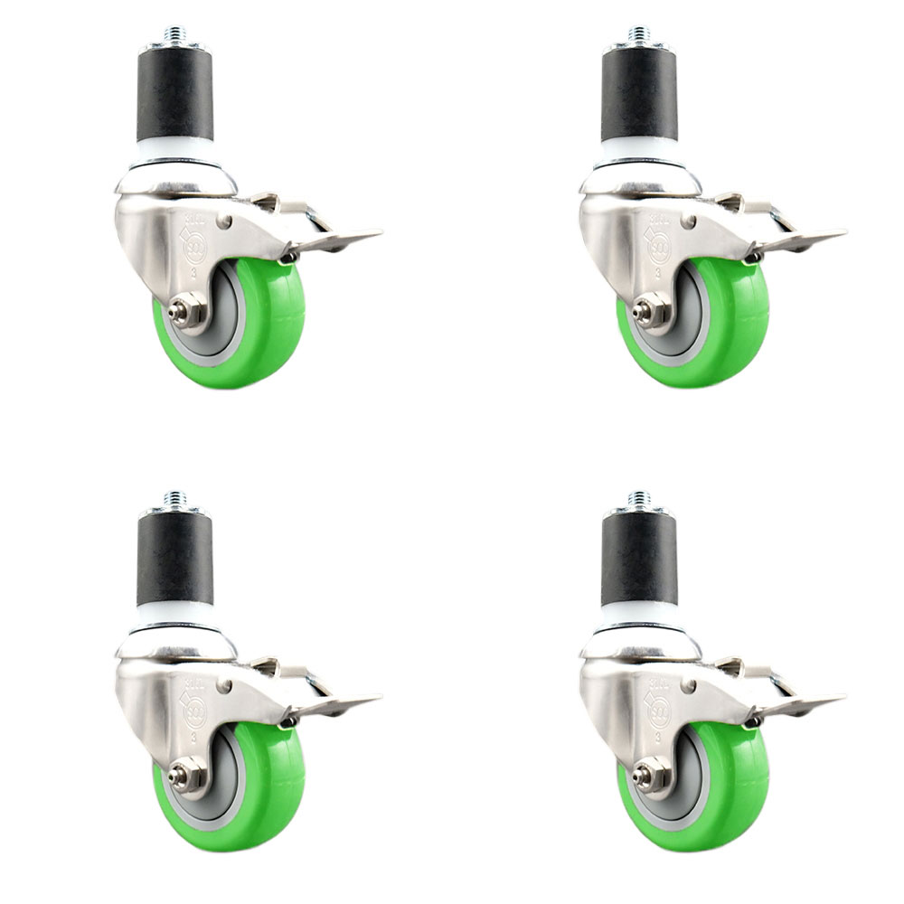 Polyurethane Swivel Stem Caster Set of 4 with 3.5 Inch Green Caster Wheels - 1-3/4" Expanding Stems - 316 Stainless Steel Casters-Includes 4 Swivel Casters with Total Lock Brakes- Service Caster Brand — photo 1