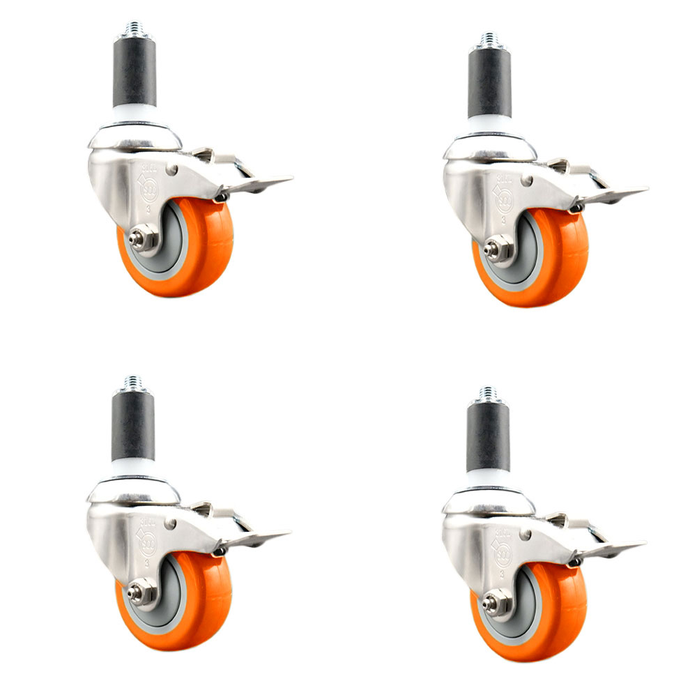 Polyurethane Swivel Stem Caster Set of 4 with 3.5 Inch Orange Caster Wheels - 1-3/8" Expanding Stems - 316 Stainless Steel Casters-Includes 4 Swivel Casters with Total Lock Brakes-Service Caster Brand — photo 1